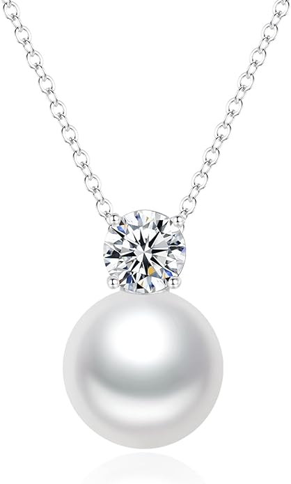 SUNFEEL 925 Sterling Silver Pearl Necklaces for women 14K Gold Plated 5A CZ 10MM/12MM Single Pearl Pendant Necklace Gifts for Her Mom Wife Girlfriend Engagement Wedding Birdal Christmas Trendy Jewelry