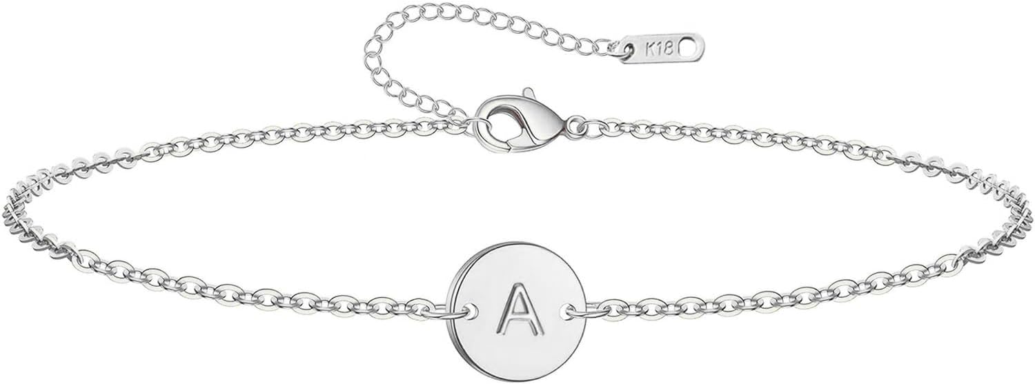 Personalized Initial Bracelet for Women Stainless Steel Letters Bracelet Delicate Coin Dainty Disc Alphabet Charm Bracelet Monogram Name Bracelet