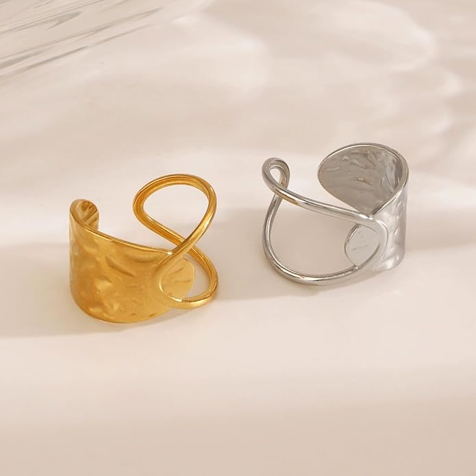 Chunky Rings For Women, Gold Silver Thumb Ring Asymmetrical Wavy Curve Ring Adjustable Non Tarnish Dainty Stainless Steel New Year Anniversary Birthday Jewelry Gift