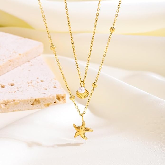 Evabelle Gold Layered Necklace for Women Trendy Jewelry 14K Real Gold Plated Chunky Chain Stackable Necklaces Dainty Choker Necklaces Rectangle Square Pendant