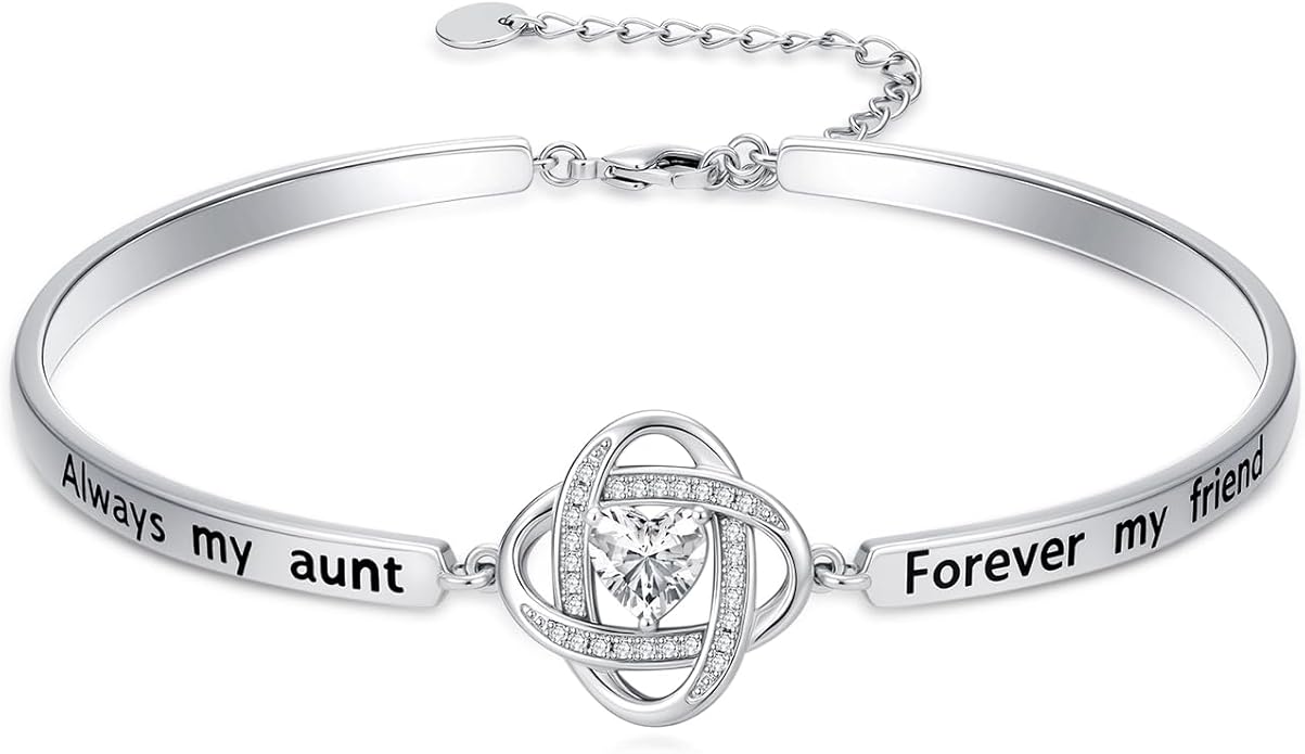 Valentines Day Gifts for Her, 18k White Gold Plated Love Knot Bracelets, Engraved Inspirational and Sentiment Bangle, Anniversary Birthday Jewelry Gift for Lover Wife Girlfriend Sister Friends