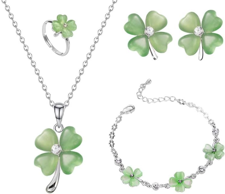 ONLYJUMP Four Leaf Clover Jewelry Set for Women Necklace Bracelet Earrings Ring Set Elegant Lucky Clover Design Cat Eye Stone Perfect Holiday Gift for St. Patrick's Day Valentine's Day Birthdays Daily Wear