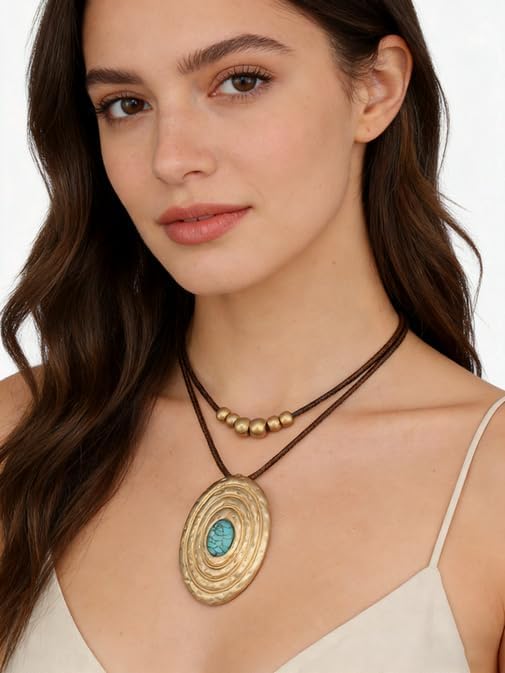 Boho Necklaces for Women Chunky Circle Necklace Layered Boho Circle Leather Choker Necklace Long Vintage Necklaces Bohemian Jewlery Gifts