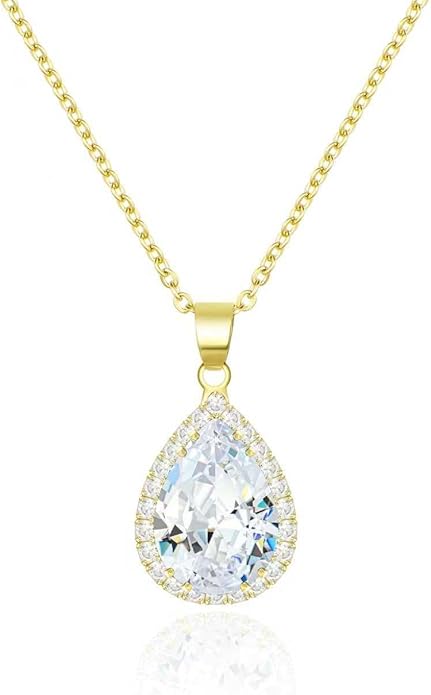 Linawe Crystal Chain Necklace for Women Trendy, Imitation Diamond Pendant, Statement Cubic Zirconia Boho Jewelry Set, 14K Gold/Rose Gold/Silver Birthstone Necklace