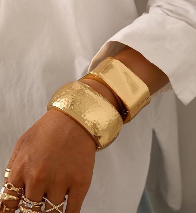 Chunky Gold Bangle Bracelets for Women, Dainty 14k Gold Plated Big Stackable Bangles Set, Trendy Statement Cuff Bracelet Stack Fashion Jewelry Christmas Gifts