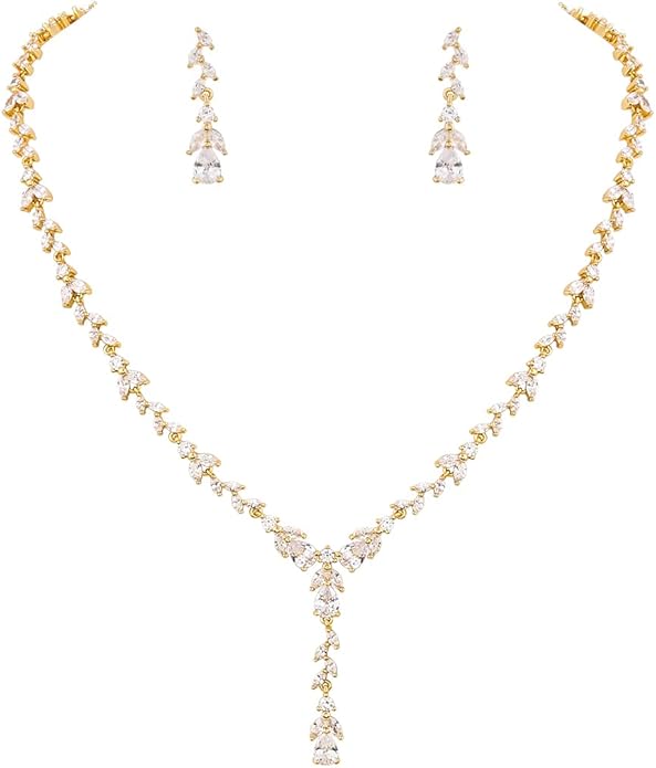 Bridal Wedding Jewelry CZ Set Marquise Teardrop Cubic Zirconia Pendant Necklace and Dangle Earring Bracelet Sets for Women