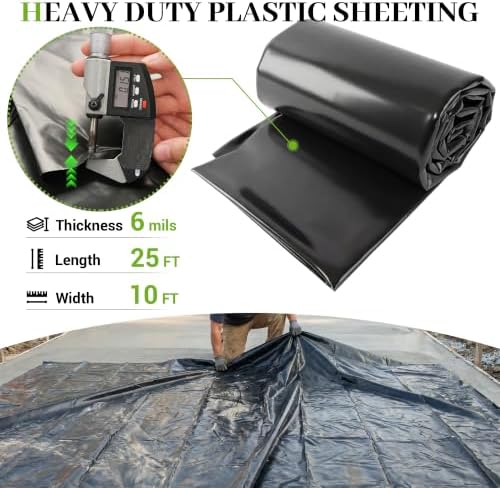 Black Plastic Sheeting 6 Mil 10 x 25 FT, Heavy Duty Polyethylene Sheeting - Image 2
