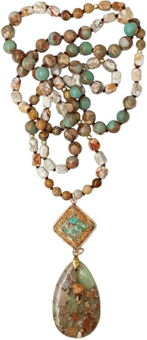 Yomisa Boho Necklaces for Women Men Long,33/34/35 Inch Natural Turquoise Tiger Eye Beaded Stone Pendant Necklaces for Women Trendy,Handmade Bohemian Western Bead Necklace Fashion Charm Jewelry Gift