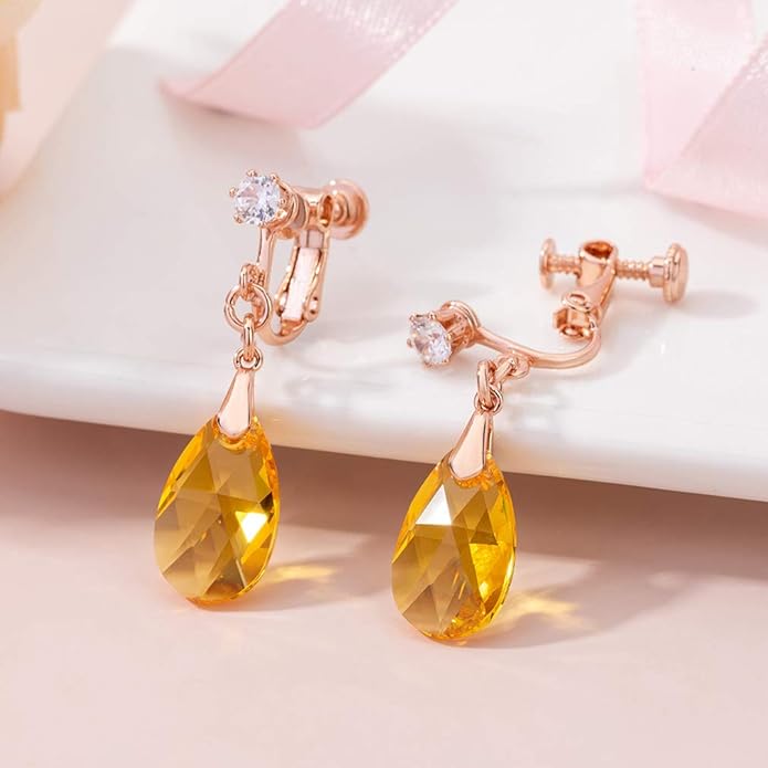 Teardrop Austrian Crystal Drop Clip On Dangle Earrings for Women Non Pierced 14K Rose Gold Plated Hypoallergenic Jewelry