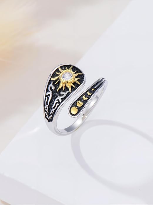 Midari Sun and Moon/Bee/Celtic/Life of Tree/Lotus Spoon Ring for Women 925 Sterling Silver Adjustable Ring Open Ring for Women Men Halloween Birthday Gift