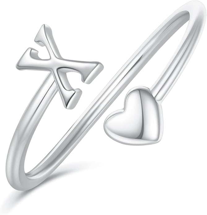 Initial Rings for Women Girls - Valentines Day Gifts for Her, Adjustable Rings for Women Non Tarnish Letter A-Z Dainty Heart Ring Teen Girls Gifts Trendy Stuff Personalized Jewelry Gift