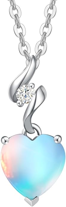 AGVANA Valentines Day Gifts 14K Solid White Gold Diamond Gemstone Pendant with Sterling Silver Chain 8mm Heart Birthstone Necklace Fine Jewelry Anniversary Birthday Gifts for Women Mom Wife