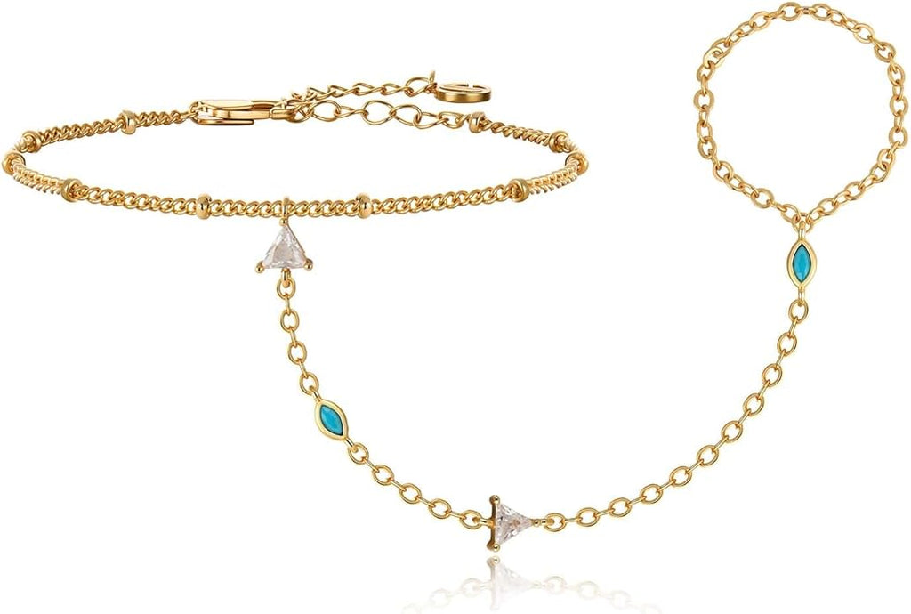 Cicy Bell Hand Chain 18k Gold Plated Bracelet for Women Trendy Teardrop Cubic Zirconia Adjustable Finger Ring Slave Dainty Bracelets Jewelry Gifts