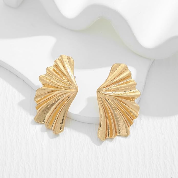 Chunky Gold Statement Earrings For Women Gold Plated Sectored Flower Leaf Shell Angel Wing Earrings Trendy Boho Jewelry For Women Large Stud Earrings Hypoallergenic Earrings
