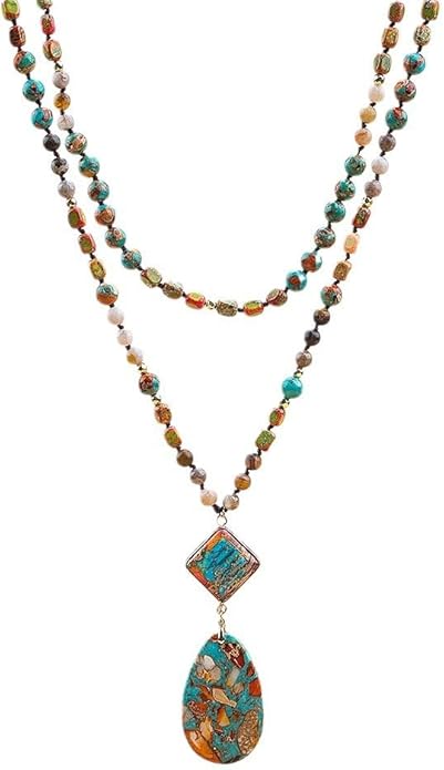 Yomisa Boho Necklaces for Women Men Long,33/34/35 Inch Natural Turquoise Tiger Eye Beaded Stone Pendant Necklaces for Women Trendy,Handmade Bohemian Western Bead Necklace Fashion Charm Jewelry Gift