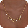 Gold Sea Shell Necklace Layered Charm Necklace for Women Boho Summer Seashell Beach Starfish Necklaces 14k Pearl Chain Surfer Jewelry Beach Vacation Essentials
