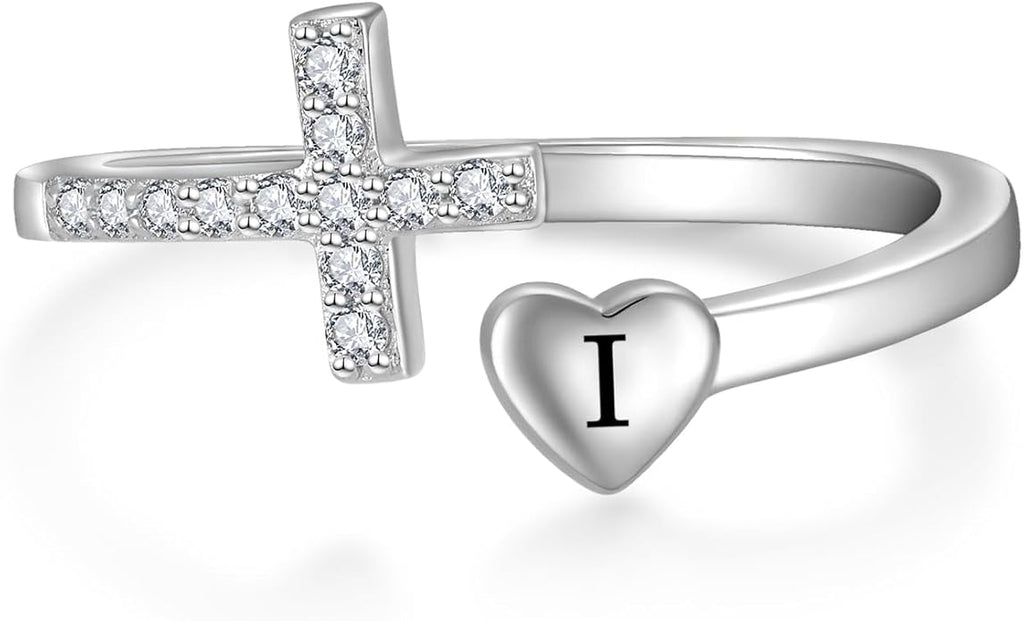 STARCHENIE Cross Initial Ring for Women 925 Sterling Silver Letters A-Z 26 Alphabet Adjustable Ring Size 7