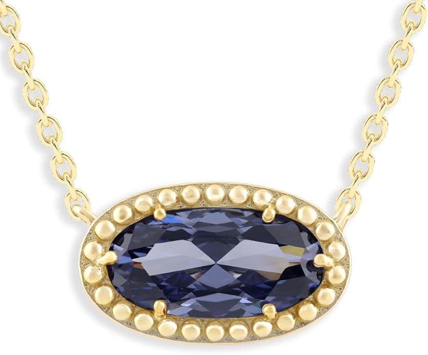 Belacqua Gemstone Necklace in 14K Gold Plated Sterling Silver, Oval Pendant Size 6 * 12mm, 15" Cable Chain with 2" Extender, Spring Ring Clasp, Dainty Birthstone Necklace for Women, Gift Box Included