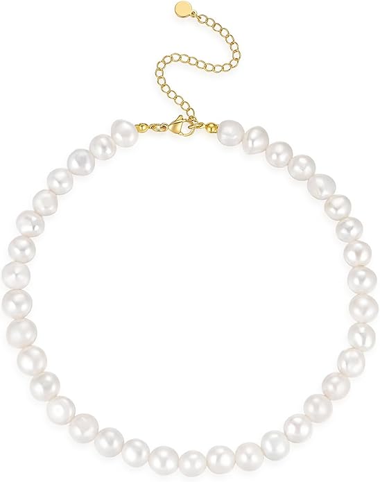 Natural Freshwater Baroque Pearl Necklace 14K Gold Plated Dainty Choker Necklace for Women Girls Snake Chain/Cuban Link/Paperclip/Ball Beaded Chain/Tennis Chain Fashion Jewelry for Gift