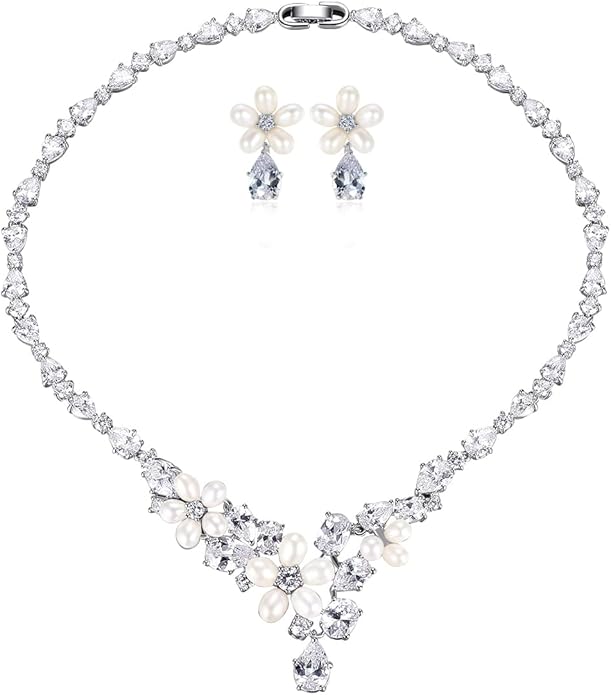 14K Gold & Freshwater Pearl Jewelry Set, Natural Crystal Necklace & Pearl Dangle Earrings, Luxury Bridal/Wedding Fashion Accessory