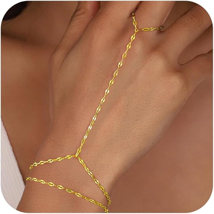Yoosteel Hand Chain Bracelet for Women - Valentines Gifts Dainty 14K-Gold-Plated Finger Ring Hand Chains Layered Trendy Link Bracelets Jewelry Gift for Women