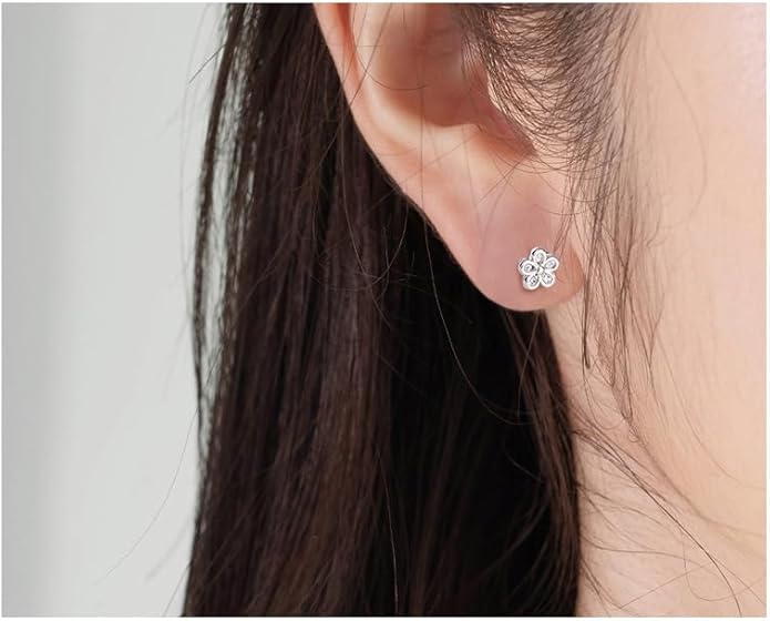 925 Sterling Silver Cubic Zirconia Screw Back Cute Flower Stud Earrings for Women