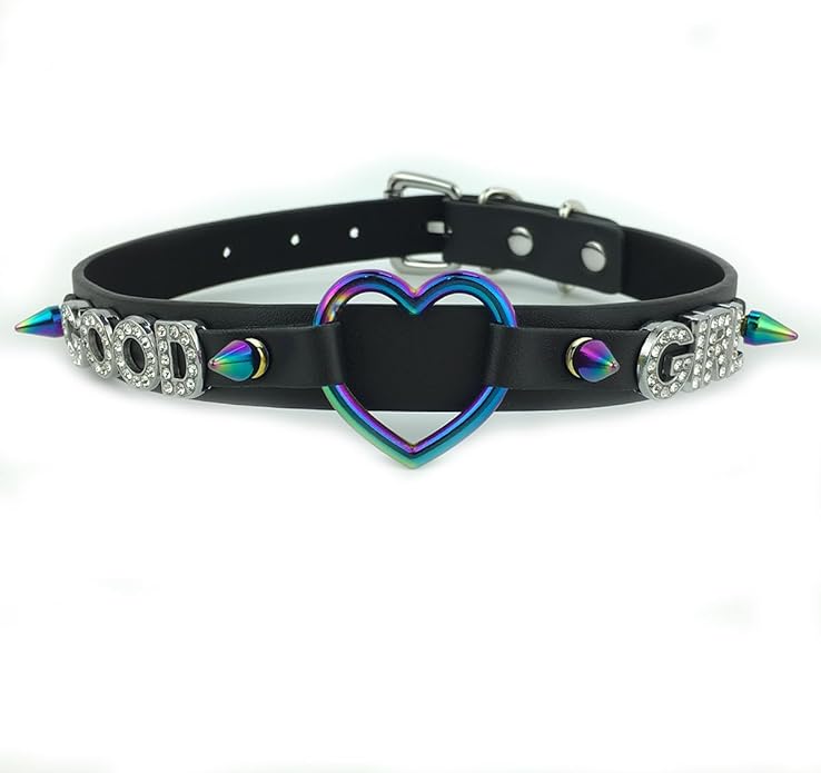 Succuba Handmade Heart Ring Rhinestone Letter Pu Leather Choker Collar Necklace for Women and Men