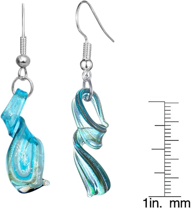 Handmade Murano Inspired Gorgeous Artist Made Twist Blue Glass Earrings Handcrafted Blown Hypoallergenic Artisan Lampwork Italian Style Jewelry Aqua