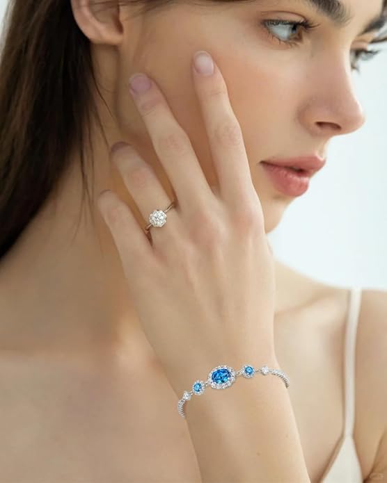 925 Sterling Silver Birthstone Bracelets for Women, Adjustable Halo Cubic Zirconia CZ Bracelet Anniversary Birthday Jewerly for Mom Wife