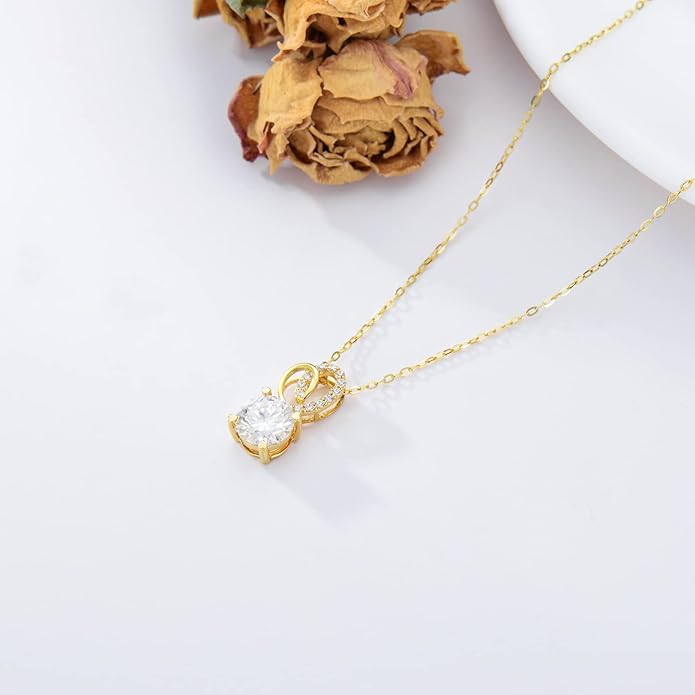 SISGEM 14K Real Gold 1 Carat Round-Cut Moissanite Necklace for Women,Yellow Gold Infinity/Heart Pendant Ribbon Necklaces Birthday Gifts for Wife Girlfriend 16''-18''