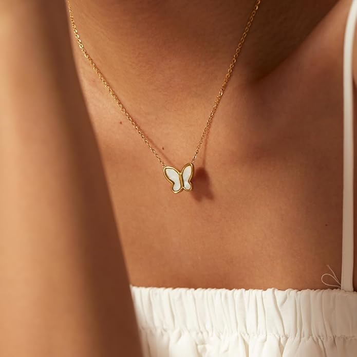IBARA Women Gold Dianty Necklace Sun Crescent Moon Star Evil Eye Lock Lovely Heart Flower Butterfly Pearl Pendant Coin Necklaces 18K Gold CZ Diamond Filled Chain Boho Beach Simple Handmade Jewelry