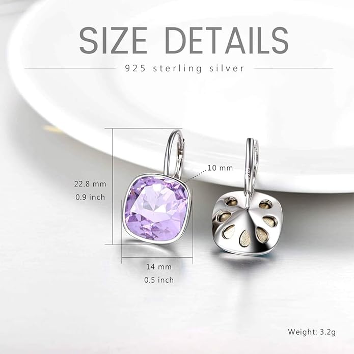 AOBOCO Sterling Silver Leverback Earrings Embellished with Crystals from Austria, Hypoallergenic Cushion Cut Square Crystal Earrings, Fine Anniversary Birthday Jewelry Gifts for Women