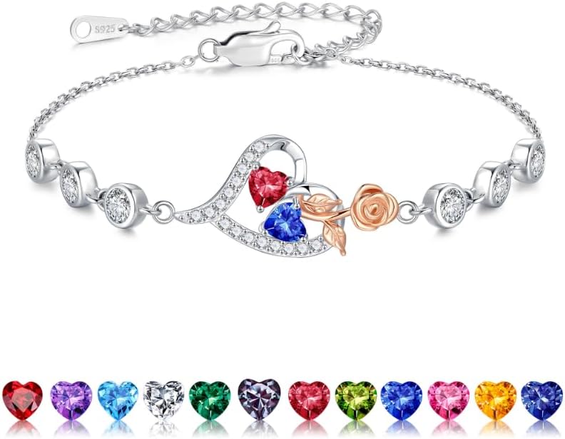 Iefil Valentines Day Gifts for Her - 925 Sterling Silver Rose Heart Birthstone Bracelets, Anniversary Birthday Gifts for Women Wife Mom Daughter, 6"+2"