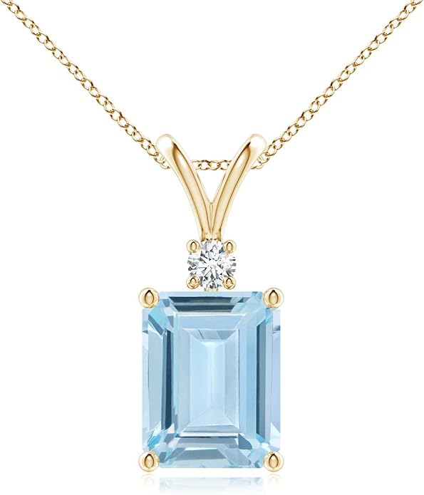 Angara Natural Aquamarine Solitaire Pendant for Women | Emerald-Cut Aquamarine Pendant with Diamond in 14K Solid Gold/Silver/Platinum With 18" Chain | March Birthday, Gemstone Jewelry Gift