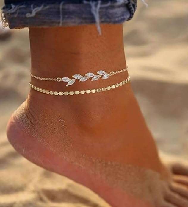 MIDEEO Gold/Silver Ankle Bracelets for Women,14K Gold Anklets for Women Waterproof Cuban Link Heart Beads Herringbone Rhinestone Anklets Set Layered Anklet Bracelets for Women Gold Jewelry Gift