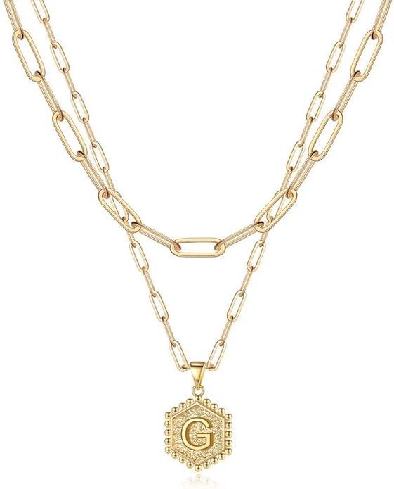 M MOOHAM Valentines Gifts for Women Teen Girls, 14K-Gold-Plated Initial Necklaces for Women Cute Hexagon Letter Initial Necklace Layered Necklaces for Womens Teen Girl Valentines Jewelry Gifts
