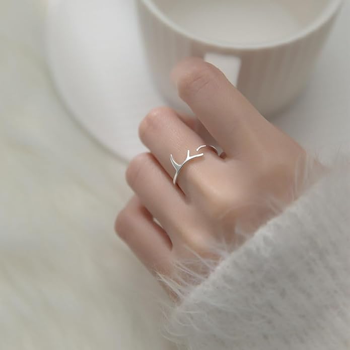 Amkaka Adjustable Rings for Women S925 Sterling Silver Christmas Antlers Open Ring Minimalist Hypoallergenic Ring Gift