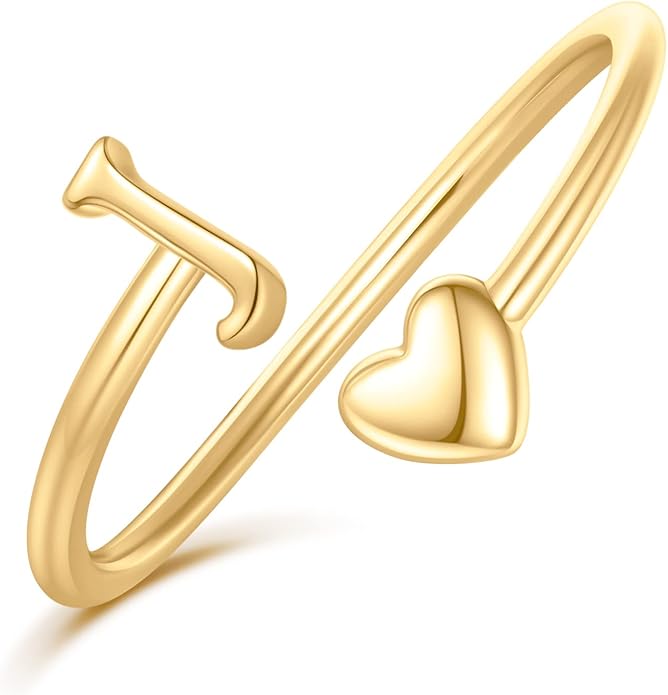 Initial Rings for Women Girls - Valentines Day Gifts for Her, Adjustable Rings for Women Non Tarnish Letter A-Z Dainty Heart Ring Teen Girls Gifts Trendy Stuff Personalized Jewelry Gift