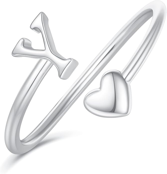 Initial Rings for Women Girls - Valentines Day Gifts for Her, Adjustable Rings for Women Non Tarnish Letter A-Z Dainty Heart Ring Teen Girls Gifts Trendy Stuff Personalized Jewelry Gift