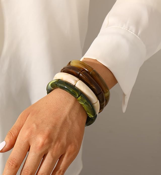 iF YOU 6pcs Chunky Acrylic Bangle Bracelets for Women, Resin Bamboo Brown Stretchy Bracelet Stack, Fashion Jewelry for Women