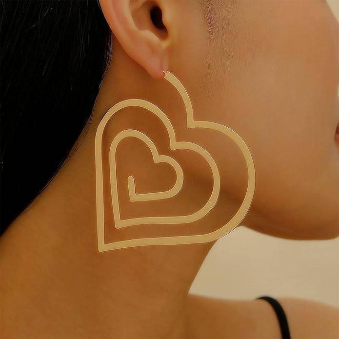 Trendy Large Gold Spiral Heart Stud Earring for Women, Statement Hollow Silver Big Love Hearts Y2k Earrings Bold Personalized Prom Party Jewelry Gifts