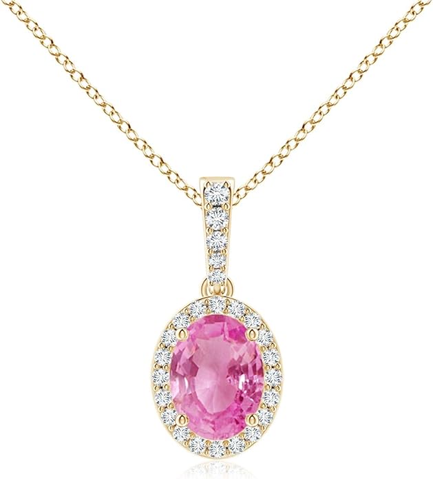 Angara Natural Pink Sapphire Pendant for Women | Vintage Style Oval Pink Sapphire Halo Pendant in 14K Solid Gold/Platinum With 18" Chain | Birthday, Anniversary, Gemstone Jewelry Gift
