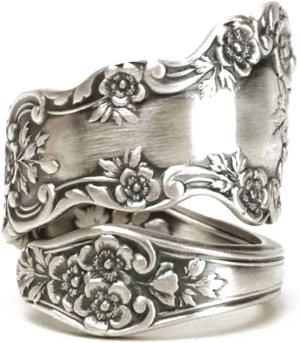 Vintage Flowers Spoon Rings Promise Wedding Engagement Statement Boho Circling Rose Flower Cluster Finger Open Ring Adjustable Extendable Wrap Bands for Women Men Retro Jewelry