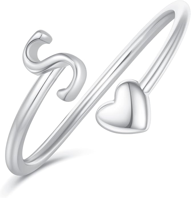 Initial Rings for Women Girls - Valentines Day Gifts for Her, Adjustable Rings for Women Non Tarnish Letter A-Z Dainty Heart Ring Teen Girls Gifts Trendy Stuff Personalized Jewelry Gift
