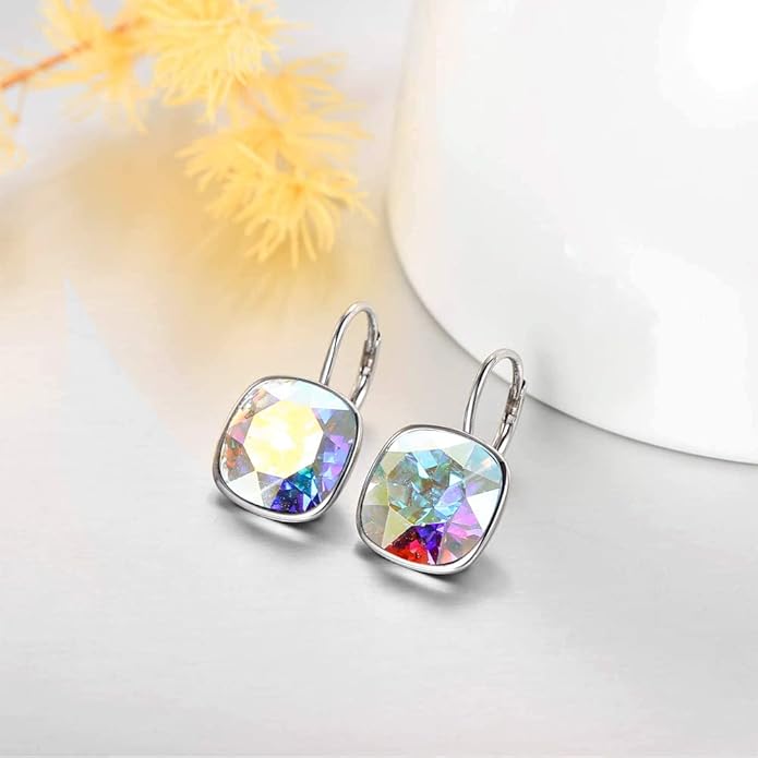 AOBOCO Sterling Silver Leverback Earrings Embellished with Crystals from Austria, Hypoallergenic Cushion Cut Square Crystal Earrings, Fine Anniversary Birthday Jewelry Gifts for Women