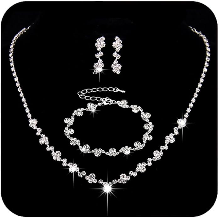 Unicra Bride Crystal Necklace Earrings Set Bridal Wedding Jewelry Sets Rhinestone Choker Necklace Costume Jewelry Set for Women and Brides (3 piece set - 2 earrings and 1 necklace)