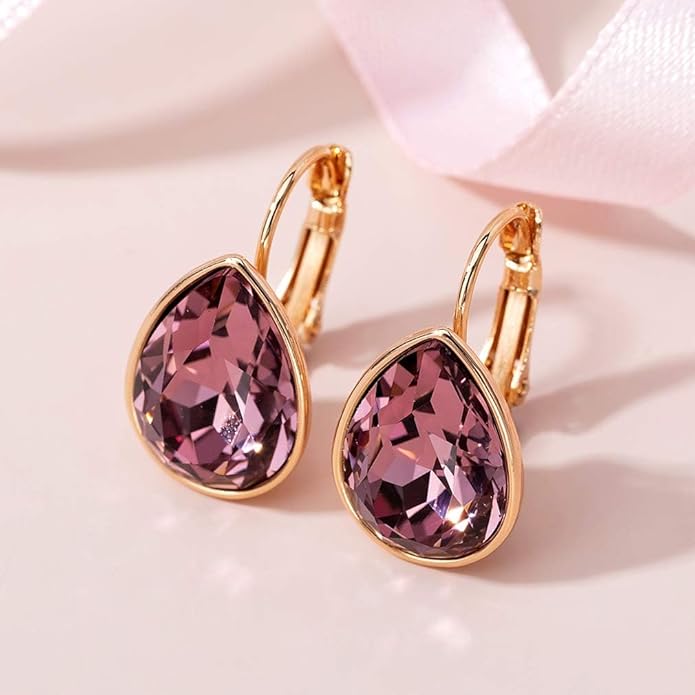 Teardrop Austrian Crystal Leverback Drop Earrings for Women 14K Rose Gold Plated Hypoallergenic Jewelry