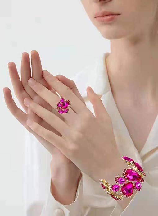 Women's Wedding Bridal Austrian Crystal Glass Teardrop Statement Necklace Dangle Earrings Bracelet Ring Wedding Party Jewelry Set for Bridal Bridesmaid