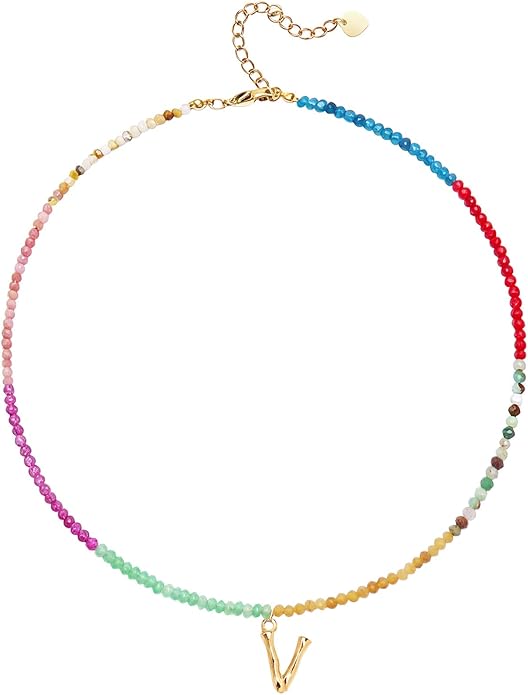 Beaded Initial Necklace for Women, Boho Natural Stone Semi-Precious Stone 18K Gold Plated Letter Pendant Rainbow Colorful Trendy Alphabet Dainty Choker Jewelry for Women Summer Beach Party