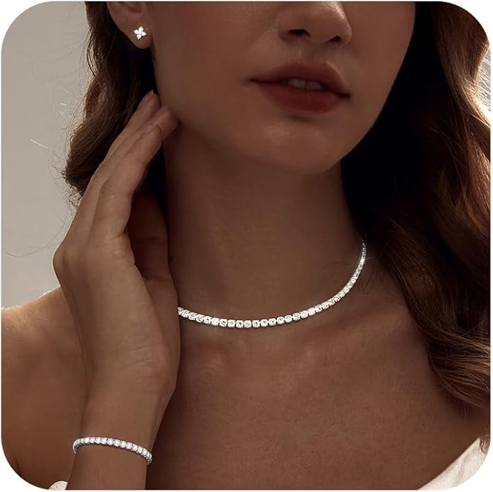 Tennis Necklace Bracelet for Women, Dainty Sterling Sliver Choker Necklace Crystal Link Bracelet Stud Earrings for Women Wedding Jewelry for Bride Jewelry Set Accessories